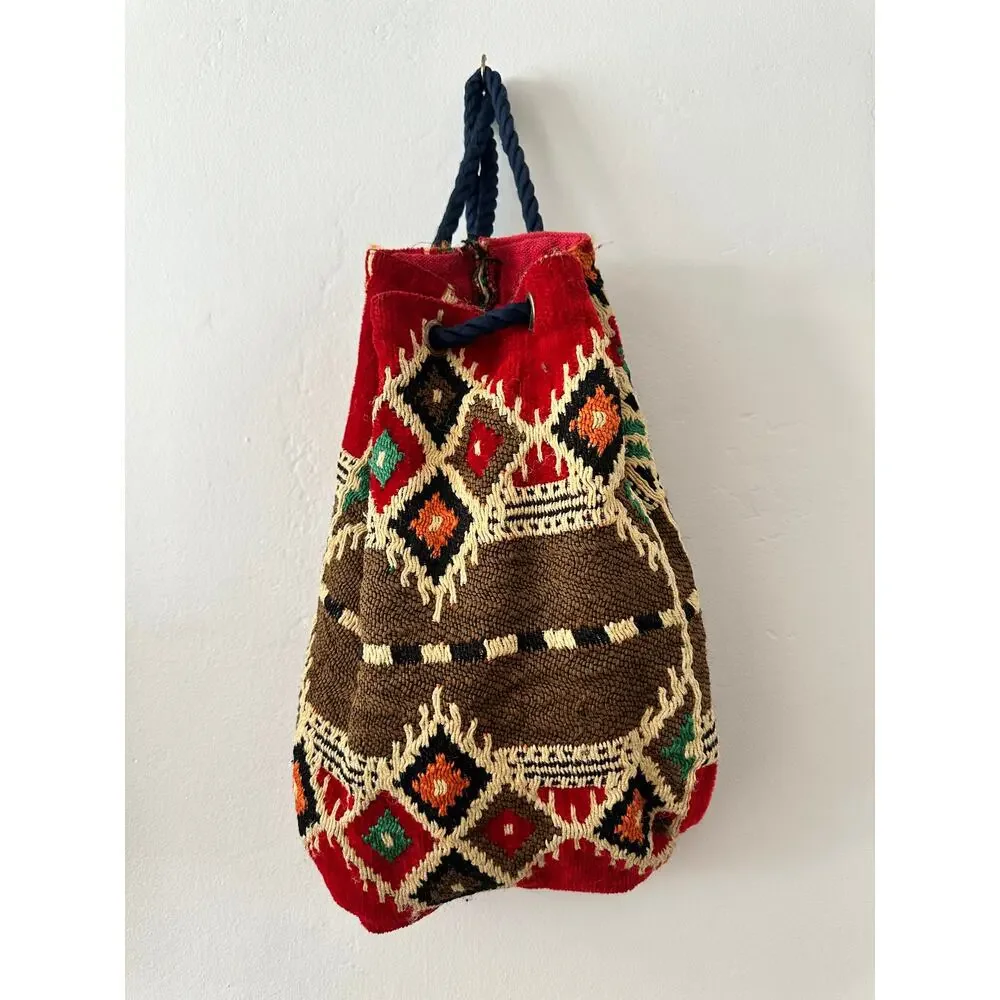 Vintage Kilim Tapestry Backpack Travel Bag Red Multicolor Drawstring Boho